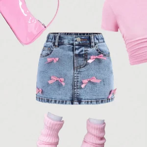 Pink Bow Denim Mini Skirt ,Top & Legwarmers