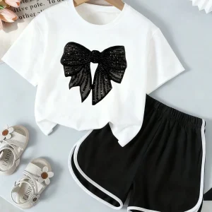 Bow Print Short Sleeve Top And Shorts Set